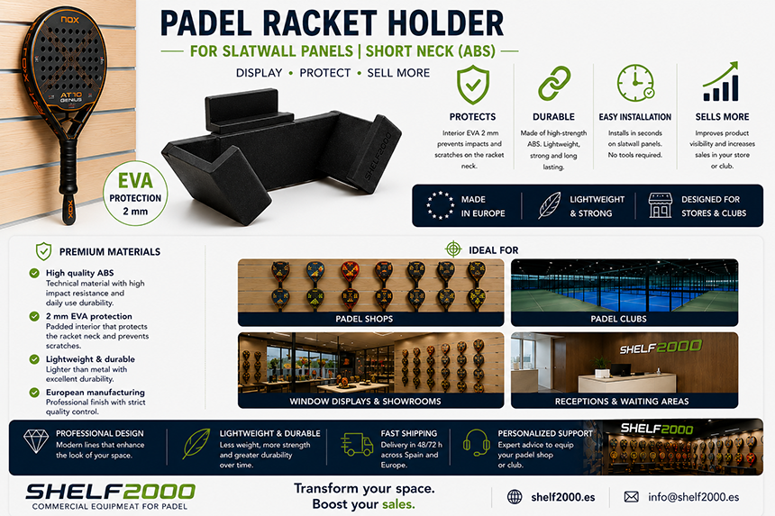 Support professionnel pour raquette de padel en ABS avec protection EVA 2 mm pour panneau rainuré, idéal pour les magasins de padel, clubs, vitrines et espaces d'exposition.
